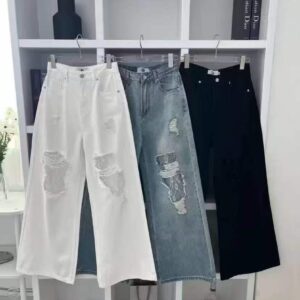 AM家 帥氣刷破牛仔褲 寬褲闊腿褲（黑、淺藍、白）