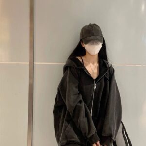 AM家 灰黑洗水拉鏈大帽Tee外套