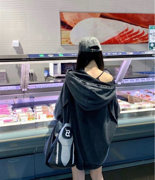 AM家 灰黑洗水拉鏈大帽Tee外套：圖片 2