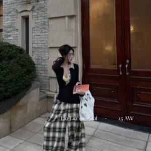 AM家 甜辣風 雙腰頭拼接闊腿休閒格子褲