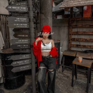 AM家 高腰刷破闊腿牛仔褲